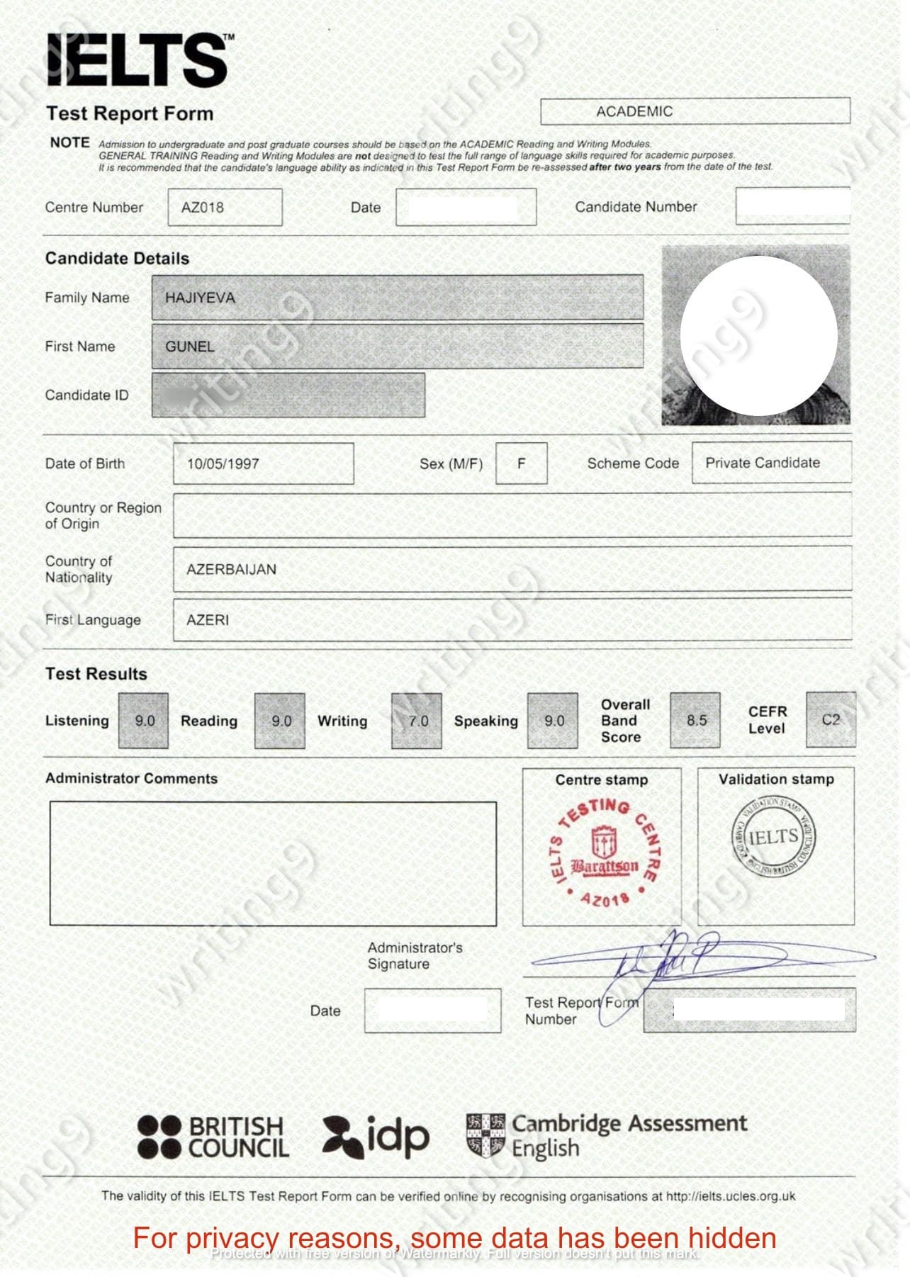 Gunel H.'s IELTS certificate