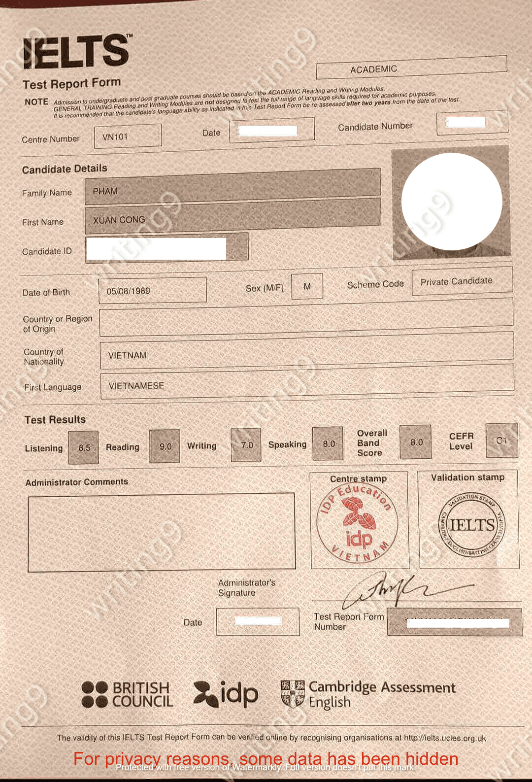 Xuan Cong P.'s IELTS certificate