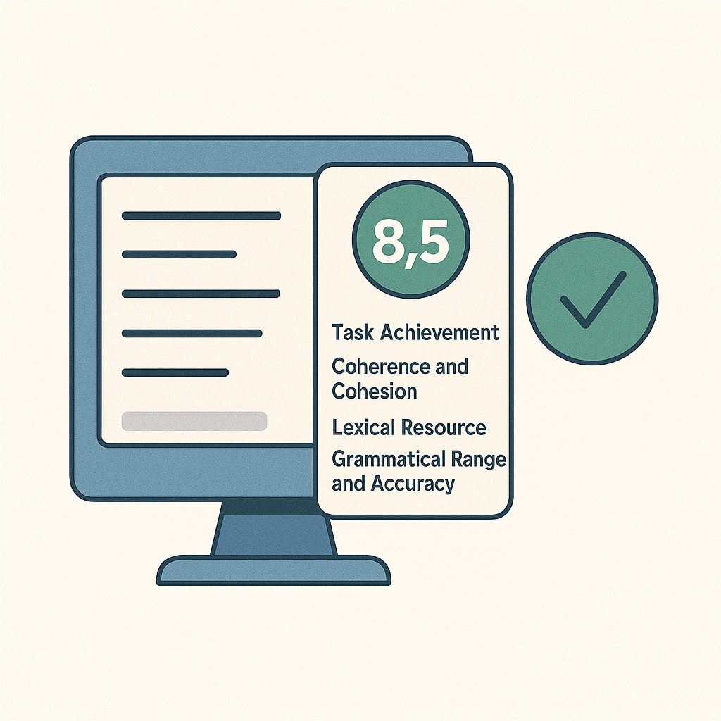 AI-powered IELTS writing feedback showing detailed assessment with criteria like Task Achievement, Coherence, Lexical Resource, and Grammar
